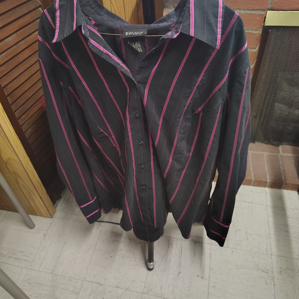 Lane Bryant Black and Pink Striped Button-Down Shirt